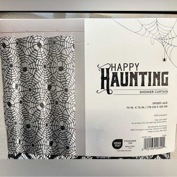Halloween SPIDER LACE Polyester Shower Curtain Happy Haunting - Picture 2 of 2